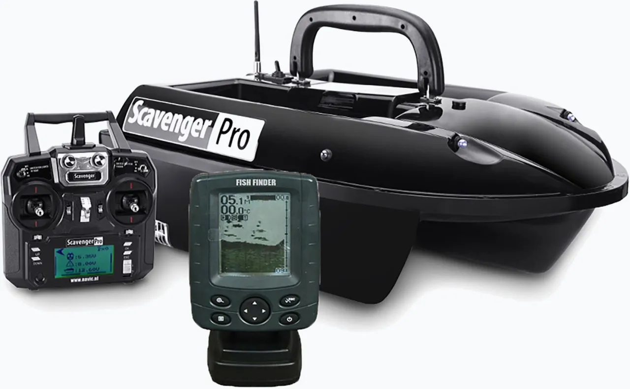 Czarna ł&oacute;dka do zanęty Scavenger Pro z pilotem i echosondą.