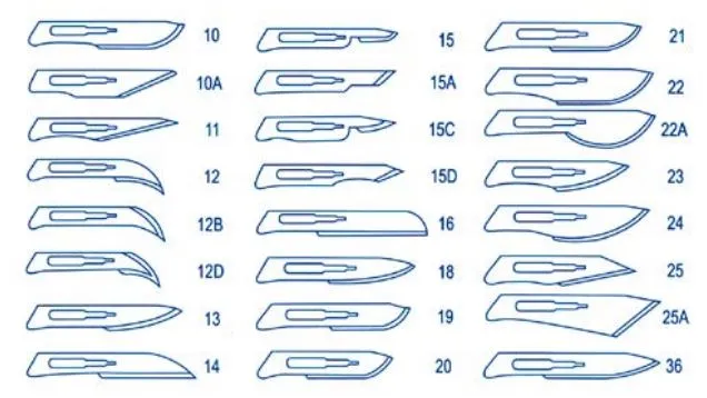 chirurg trzymający skalpel, r&oacute;żne typy ostrzy skalpeli medycznych