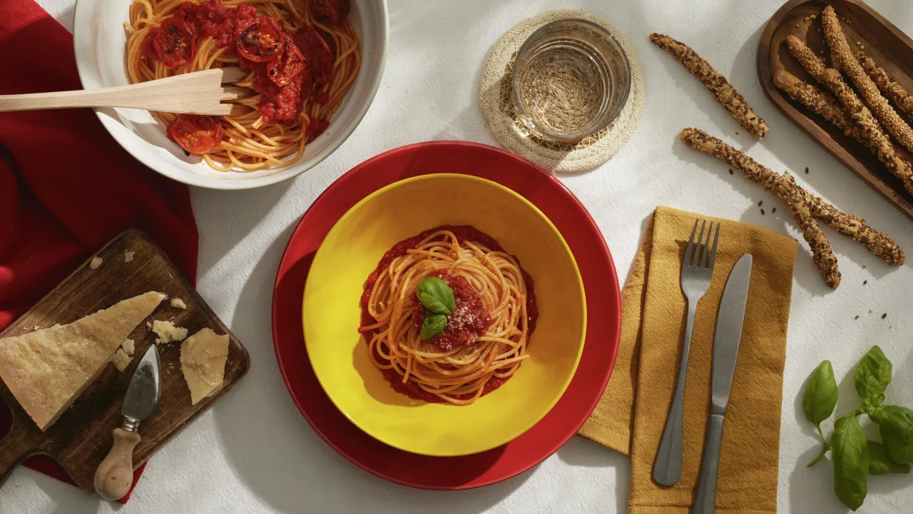 spaghetti z sosem pomidorowym i parmezanem