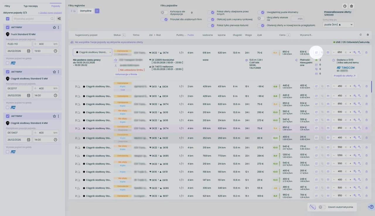 Zestawienie ofert transportowych dla firmy, pokazujące potencjalne zarobki firmy transportowej bus.