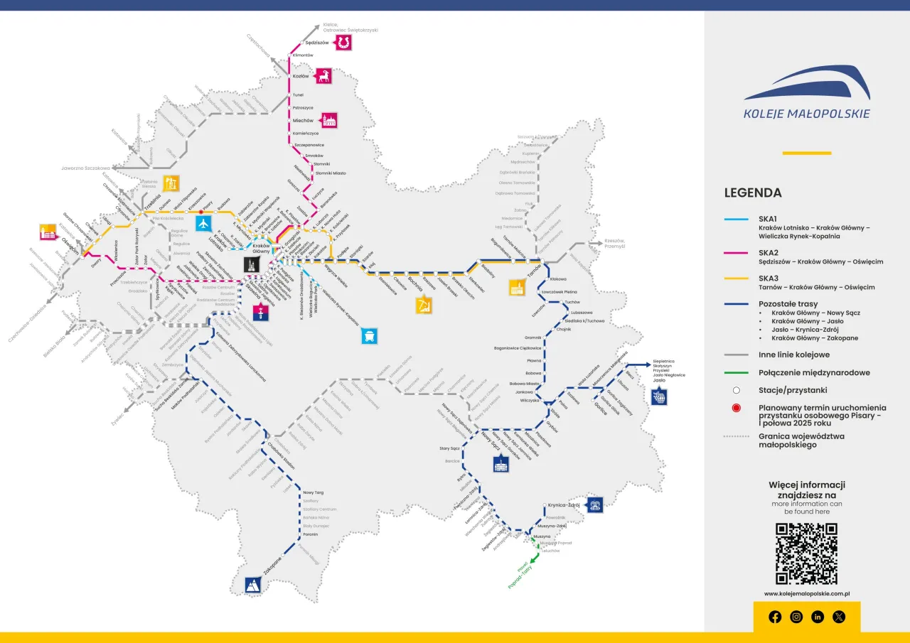 Mapa Kolei Małopolskich z zaznaczonym dworzec główny Kraków odjazdy. Linie SKA1, SKA2, SKA3 i inne trasy.