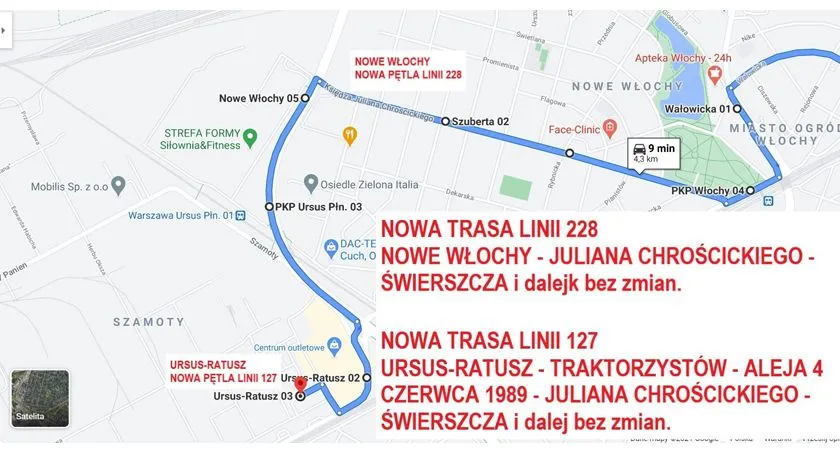 Mapa trasy autobusu 127 Warszawa