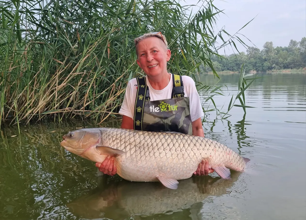 wędkarz z wędką karpiową i rybą