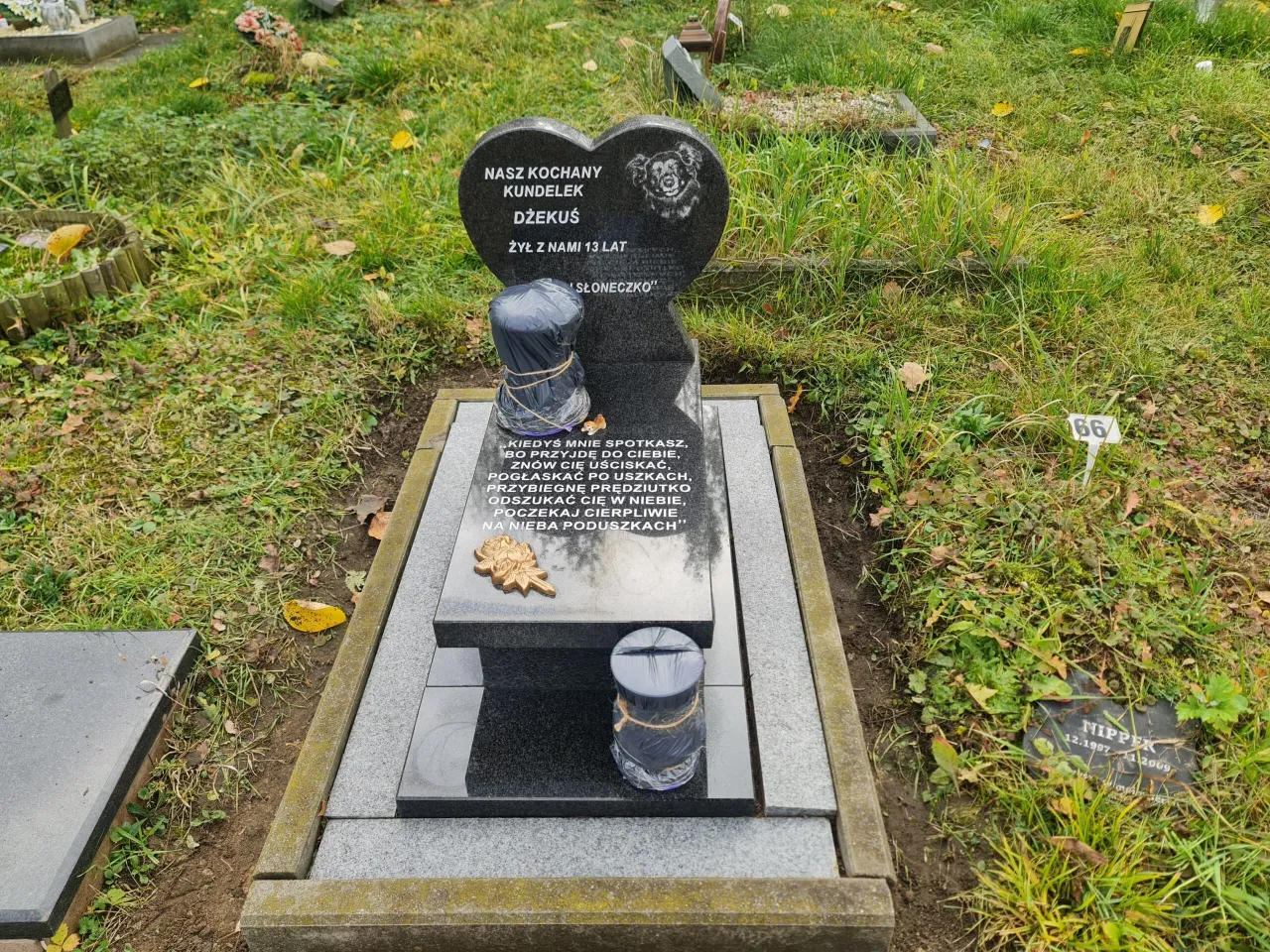 Nagrobek psa Dżekusia, kt&oacute;ry odszedł po eutanazji. Serce z napisem 