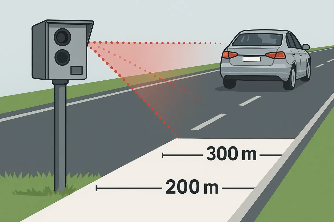 Fotoradar mierzy prędkość pojazdu z odległości 200-300 metr&oacute;w.