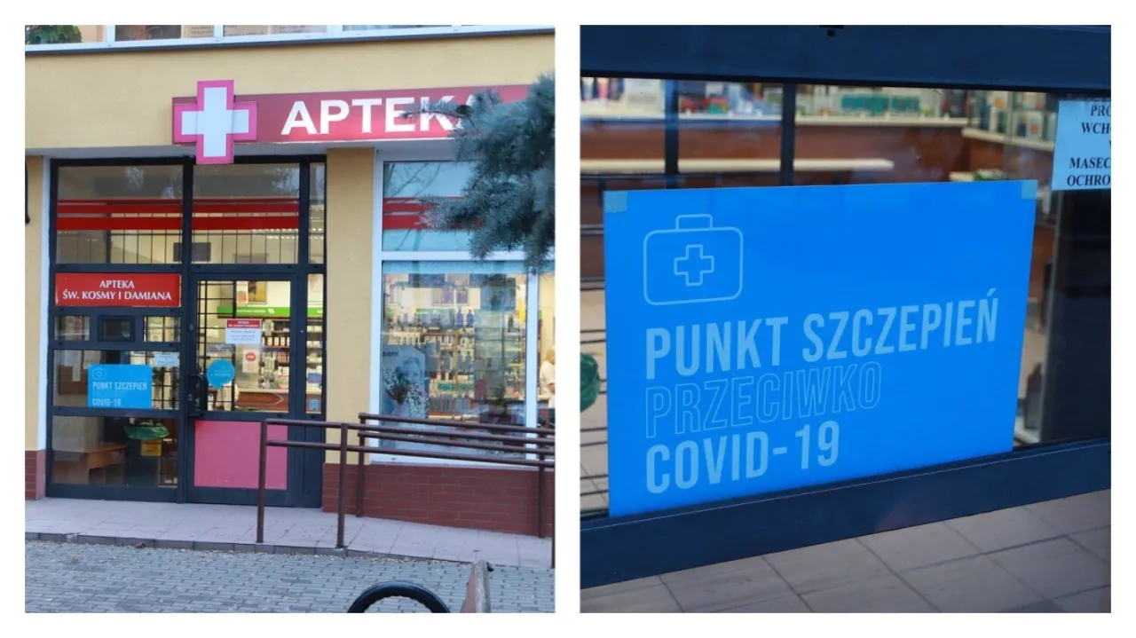 Apteka z widocznymi testami na COVID-19 i punkt pobrań krwi