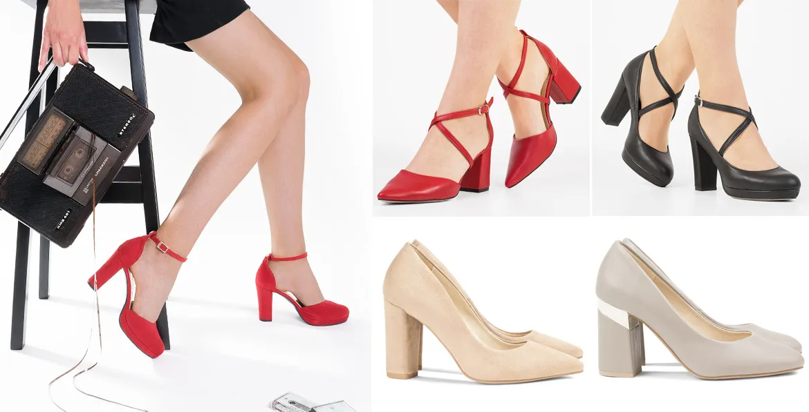 różne kształty grubych obcasów słupek klocek trapezowy