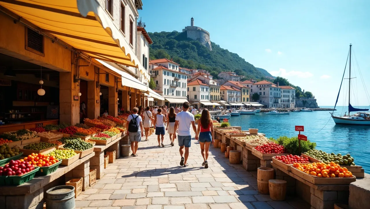 Spacerem po nadmorskim miasteczku, gdzie świeże owoce i warzywa kuszą na straganach. Czy Chorwacja jest droga? Ceny na targu wydają się przystępne, a widok na błękitne morze bezcenny.