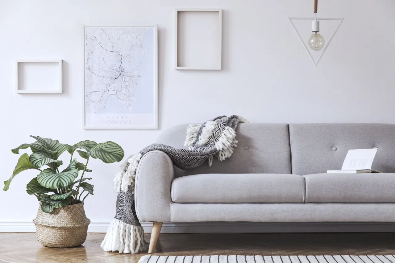 salon białe meble szara kanapa pastelowe ściany szałwiowa zieleń terakota