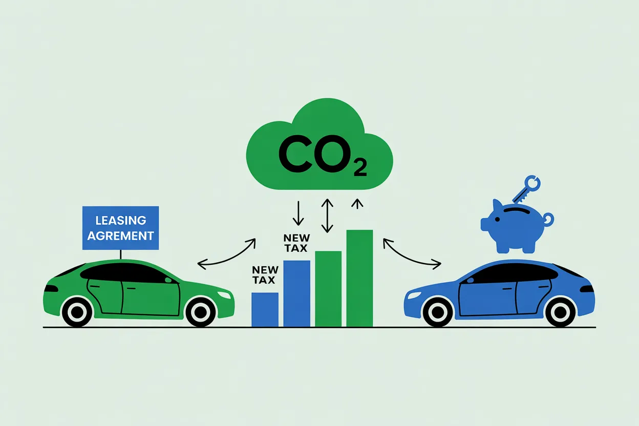 Zielony samoch&oacute;d na umowie leasingowej i niebieski samoch&oacute;d na firmę z skarbonką symbolizują koszty i podatki związane z emisją CO2.