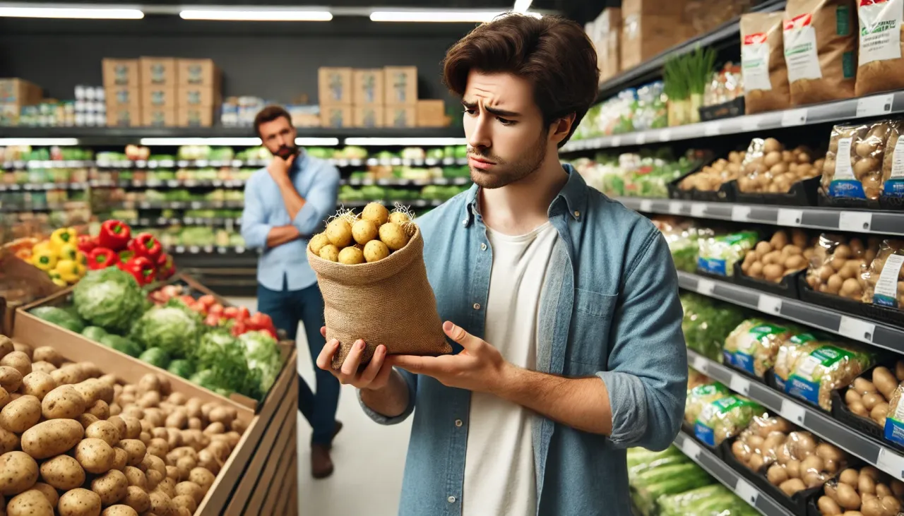 Mężczyzna w sklepie zastanawia się, czy konie jedzą ziemniaki, trzymając w ręku worek z ziemniakami.