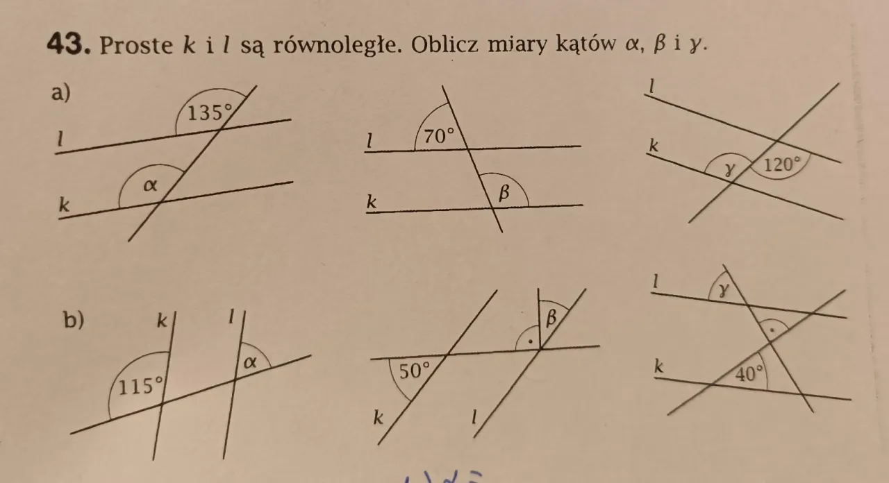 Kąty odpowiadające na rysunku prostych r&oacute;wnoległych i siecznej