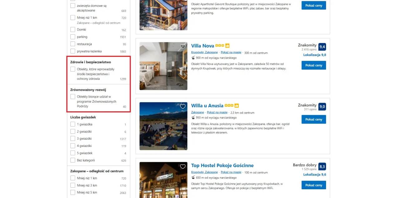 filtry wyszukiwania noclegów