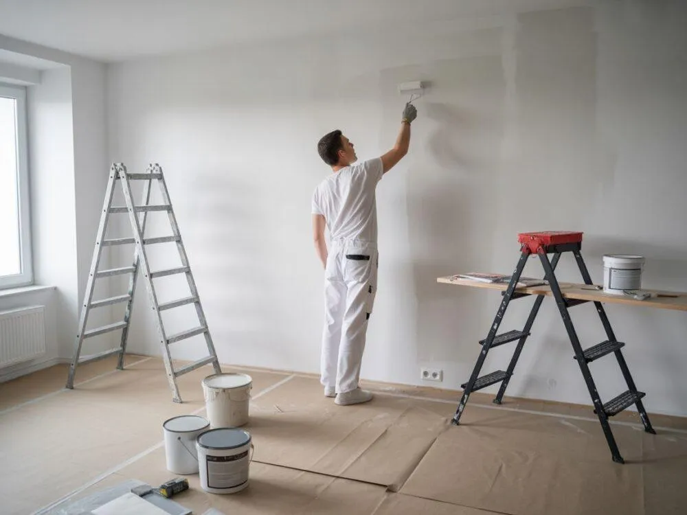 Cennik usług malarskich, fachowiec malujący ścianę