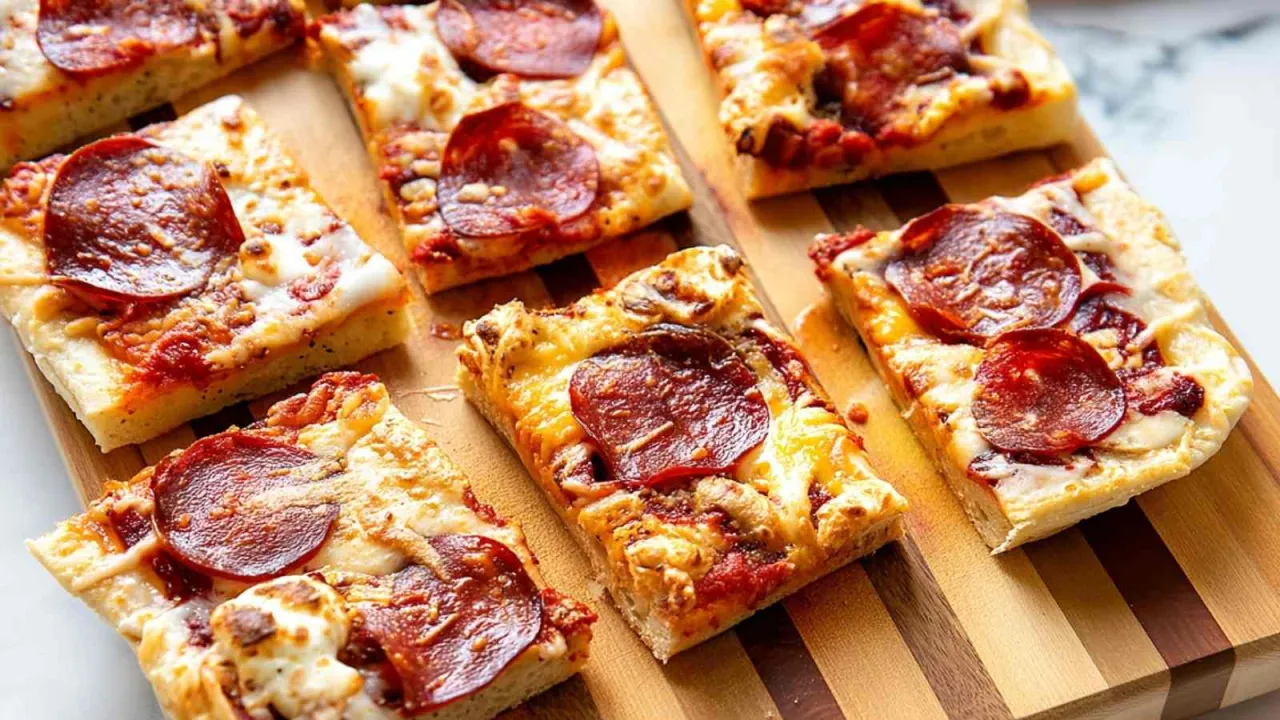 Kawałki pizzy pepperoni na desce. Dowiedz się, jak odgrzać pizzę, by była jak świeża!