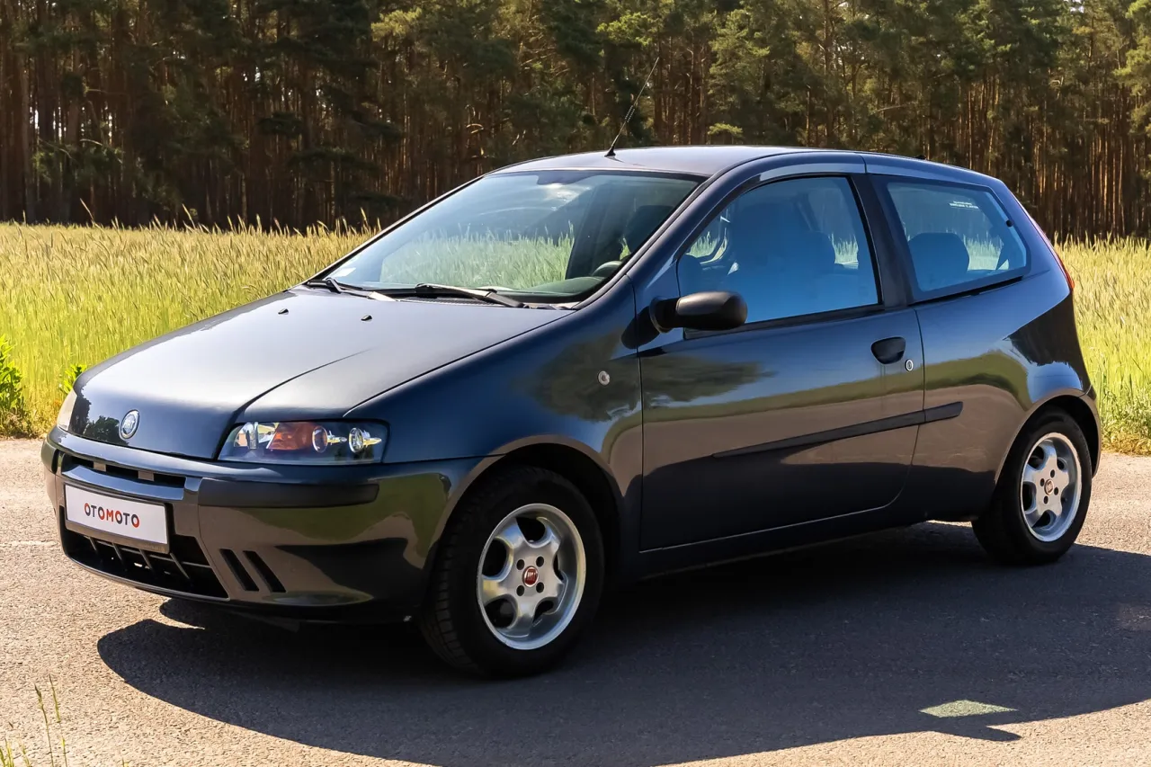 Ciemnoszary Fiat Punto, jeden z pierwszych aut tego typu, stoi na tle pola zboża i lasu.