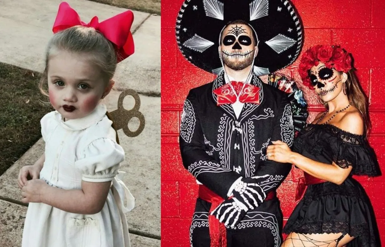 Dziecko jako nakręcana lalka i para w strojach D&iacute;a de Muertos &ndash; świetny pomysł na kostium halloween.