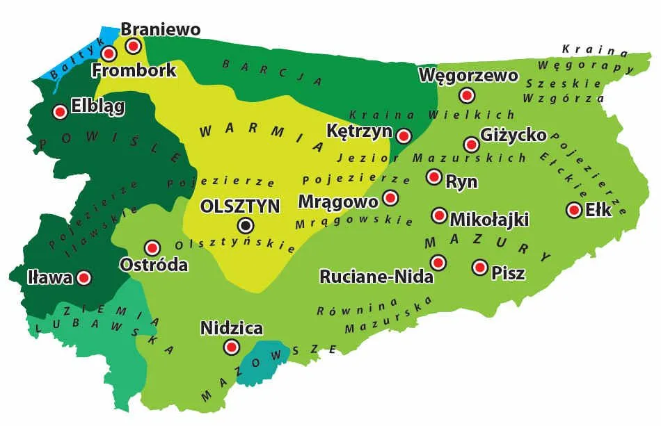 Mapa Warmii i Mazur z zaznaczonymi Braniewem i Elblągiem