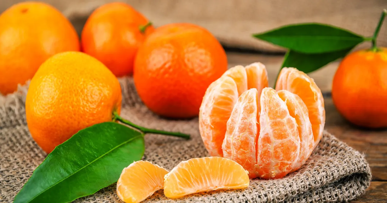 Kilka świeżych mandarynek, jedna obrana, pokazuje, ile kcal mają mandarynki. Są niskokaloryczne i zdrowe.