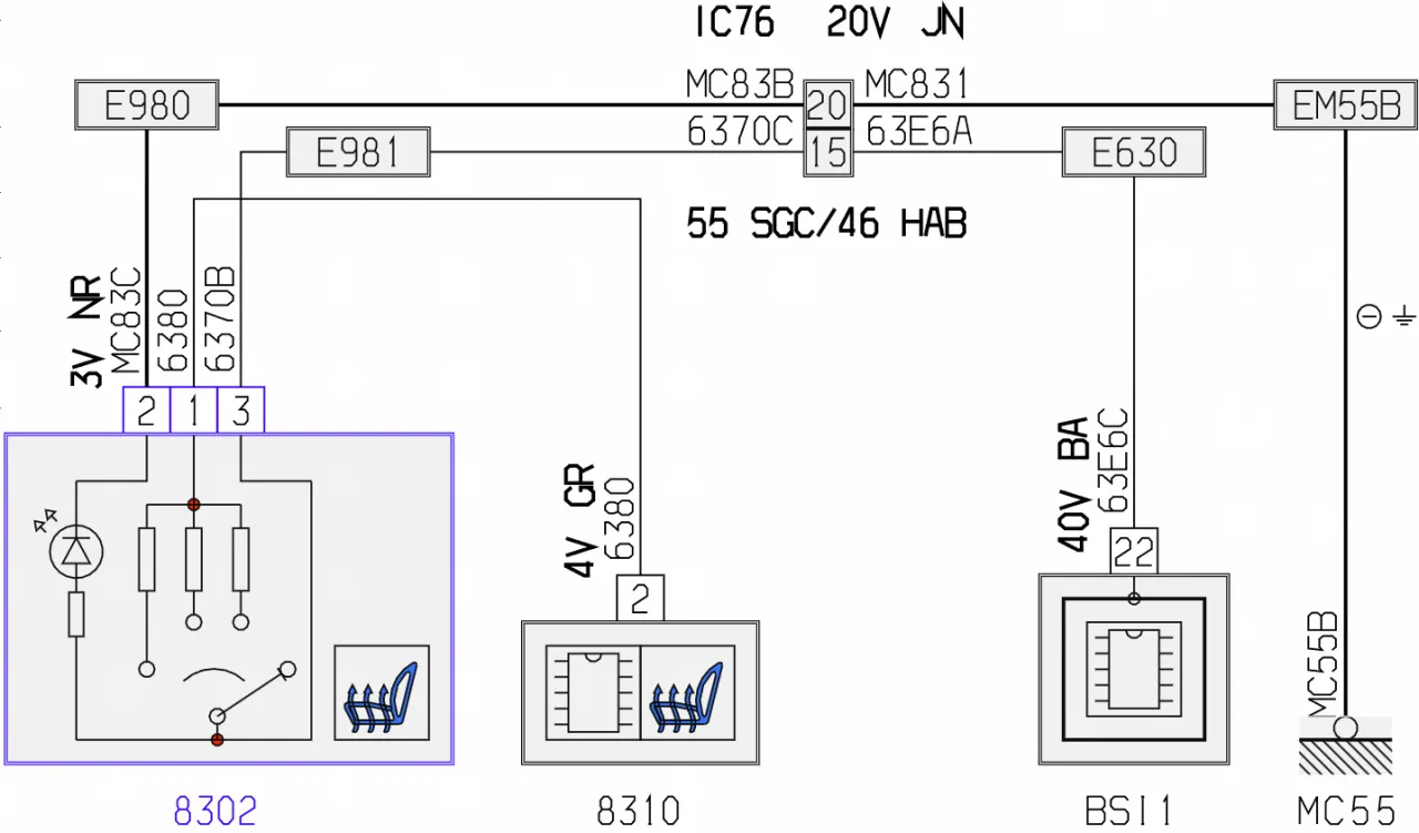 Schemat pokazuje, jak działają podgrzewane fotele: zasilanie, przełącznik i elementy grzejne.