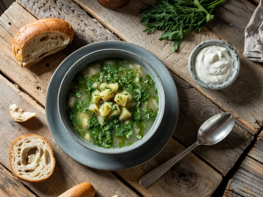 miska zupy szczawiowej z jajkiem i koperkiem