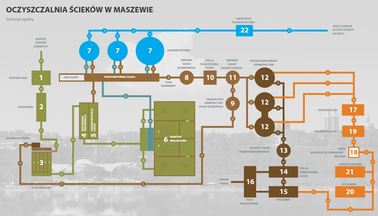 Schemat oczyszczalni ściek&oacute;w w Maszewie. Dowiedz się, jak zalegalizować przydomową oczyszczalnię ściek&oacute;w, analizując procesy od dopływu ściek&oacute;w surowych do zrzutu oczyszczonych.