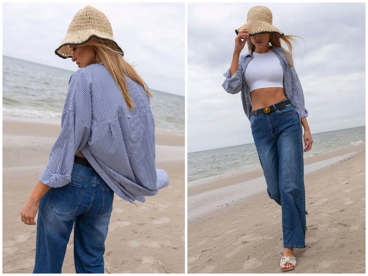stylizacja z koszulą w paski i jeansami casual