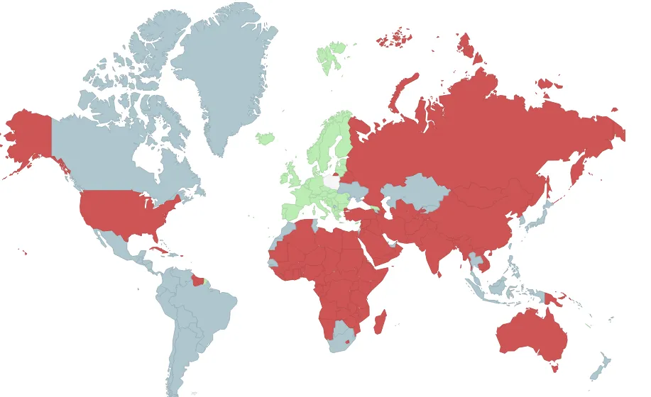 Mapa Europy podział na kraje wymagające paszportu i dowodu osobistego