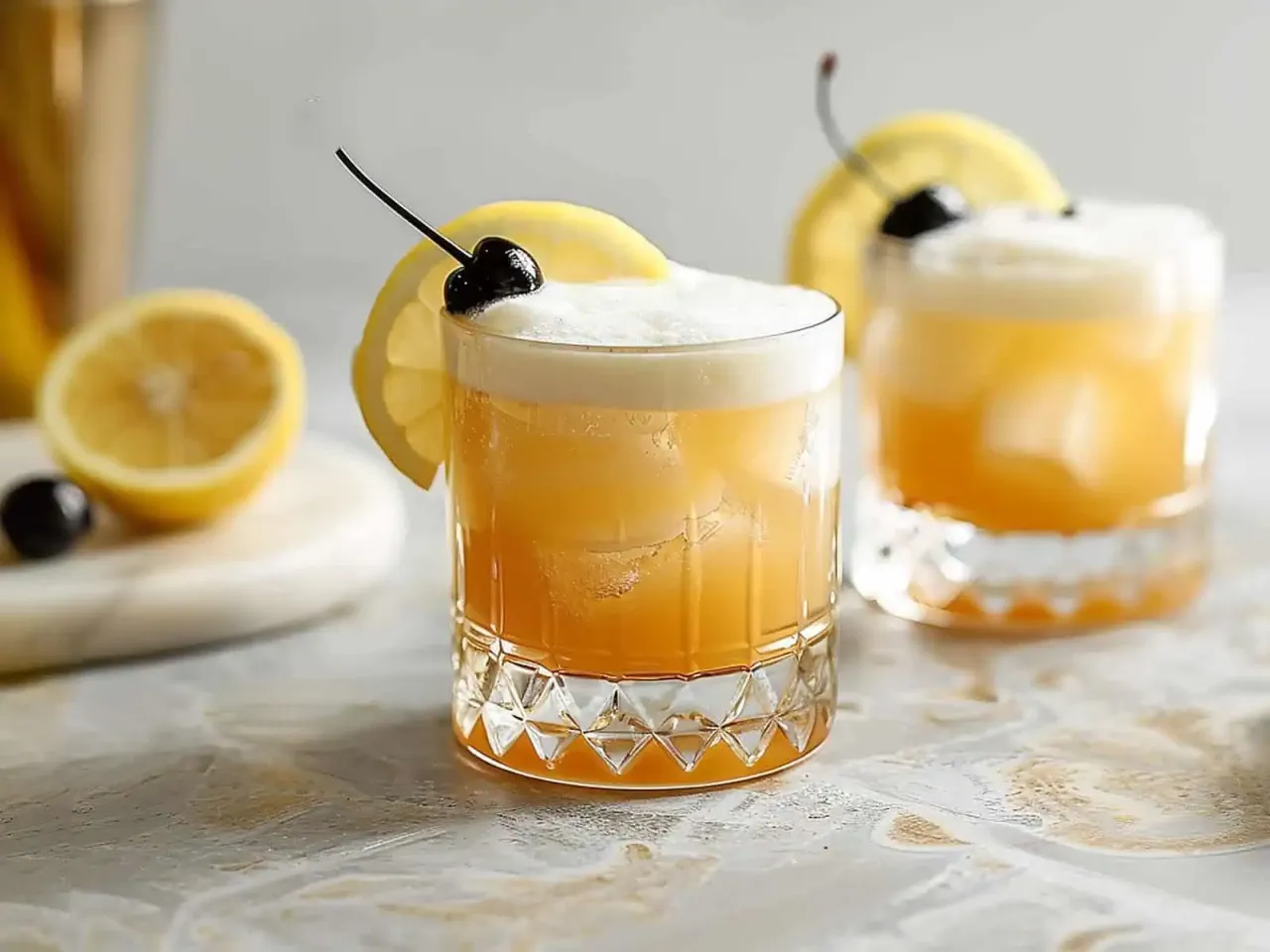 Dwa orzeźwiające drinki: Whisky Sour i Amaretto Sour, ozdobione plasterkiem cytryny i wiśnią.