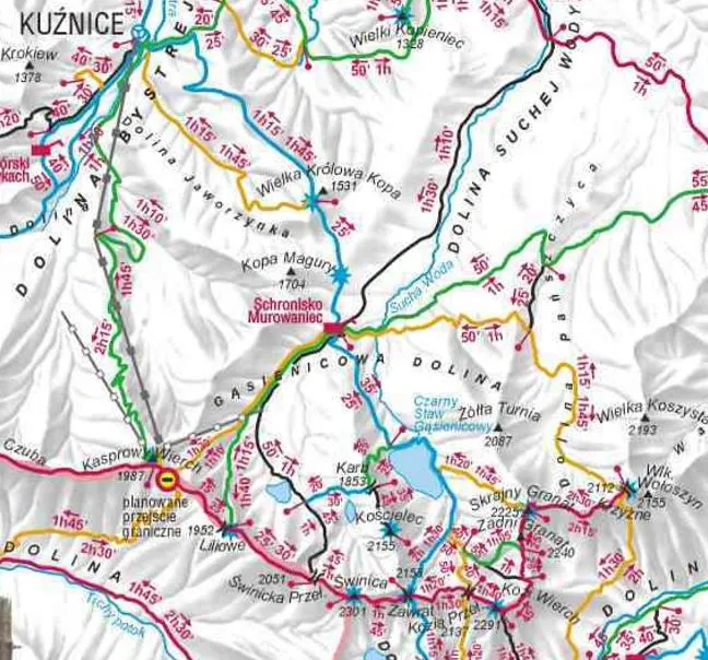 Mapa szlaku na Świnicę z zaznaczeniem ruchu jednokierunkowego
