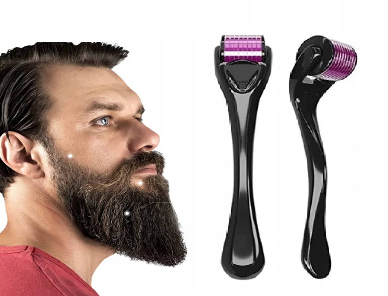 Mężczyzna z zarostem i dermarollerem, narzędziem do stymulacji wzrostu włosów. Dowiedz się, jak zagęścić zarost.