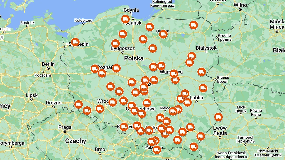 Mapa Polski koszty transportu kruszywa odległość