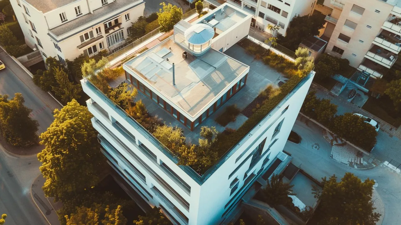 Nowoczesny budynek z zielonym dachem i przeszklonym aneksem. Zastanawiasz się, czy zmiana dachu wymaga pozwolenia na budowę?