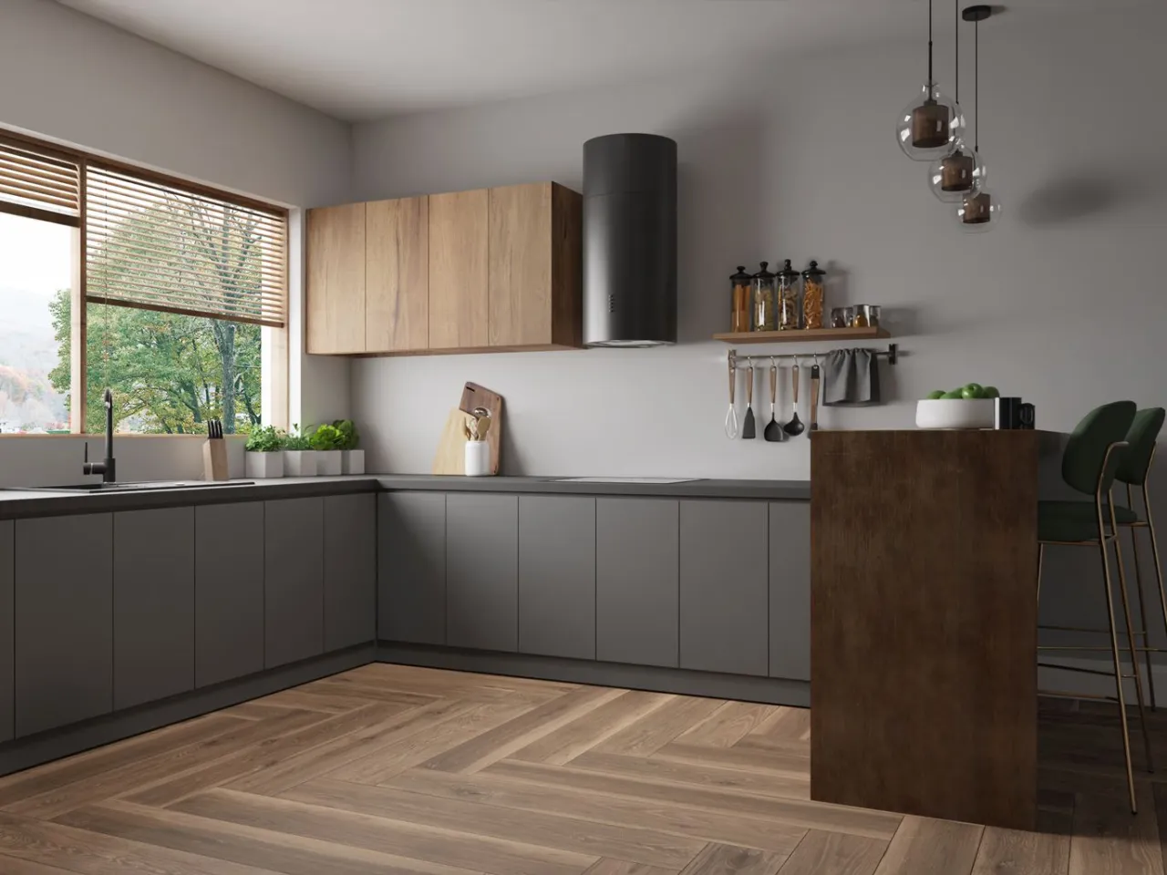 szara kuchnia z drewnianym blatem i podłogą