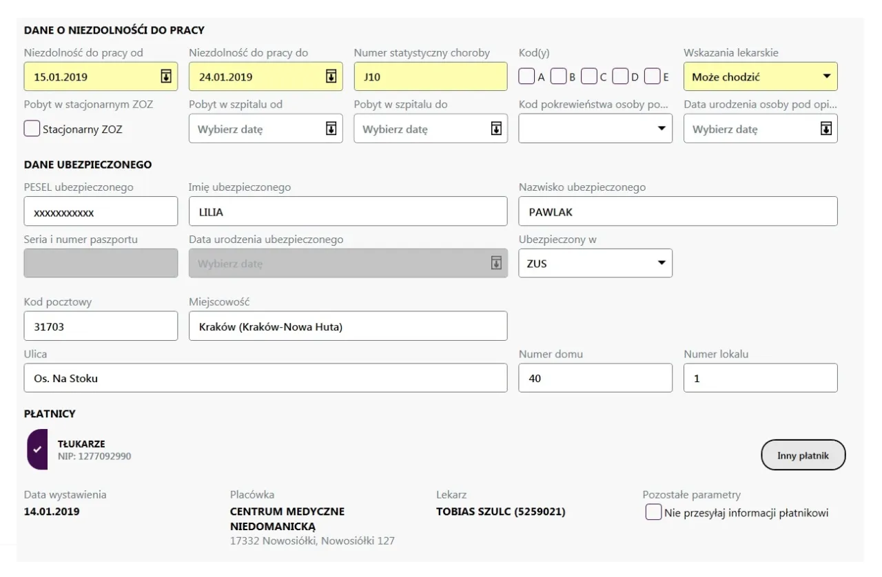 PUE ZUS e-zwolnienie widok pracodawcy