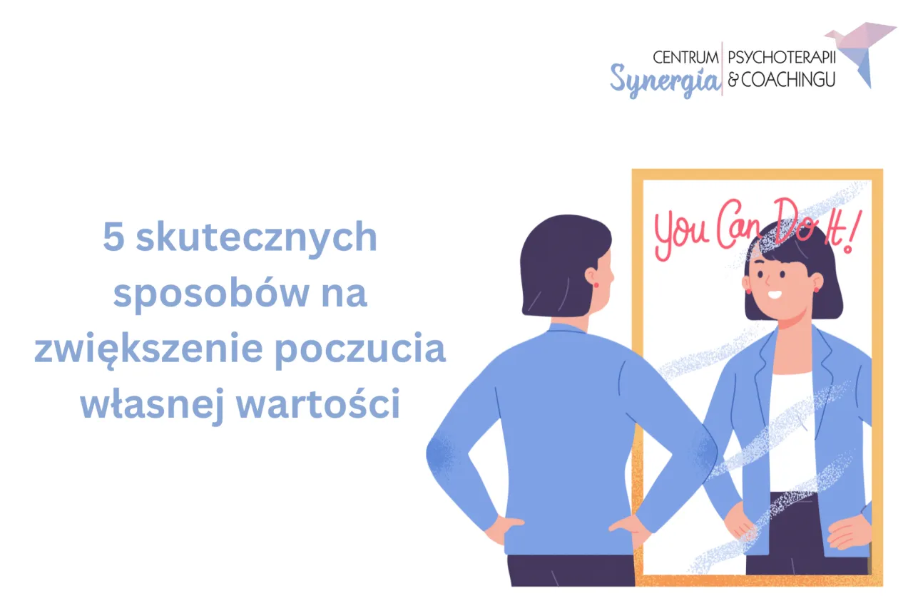 Kobieta patrzy w lustro, widząc w odbiciu uśmiechniętą siebie z napisem 
