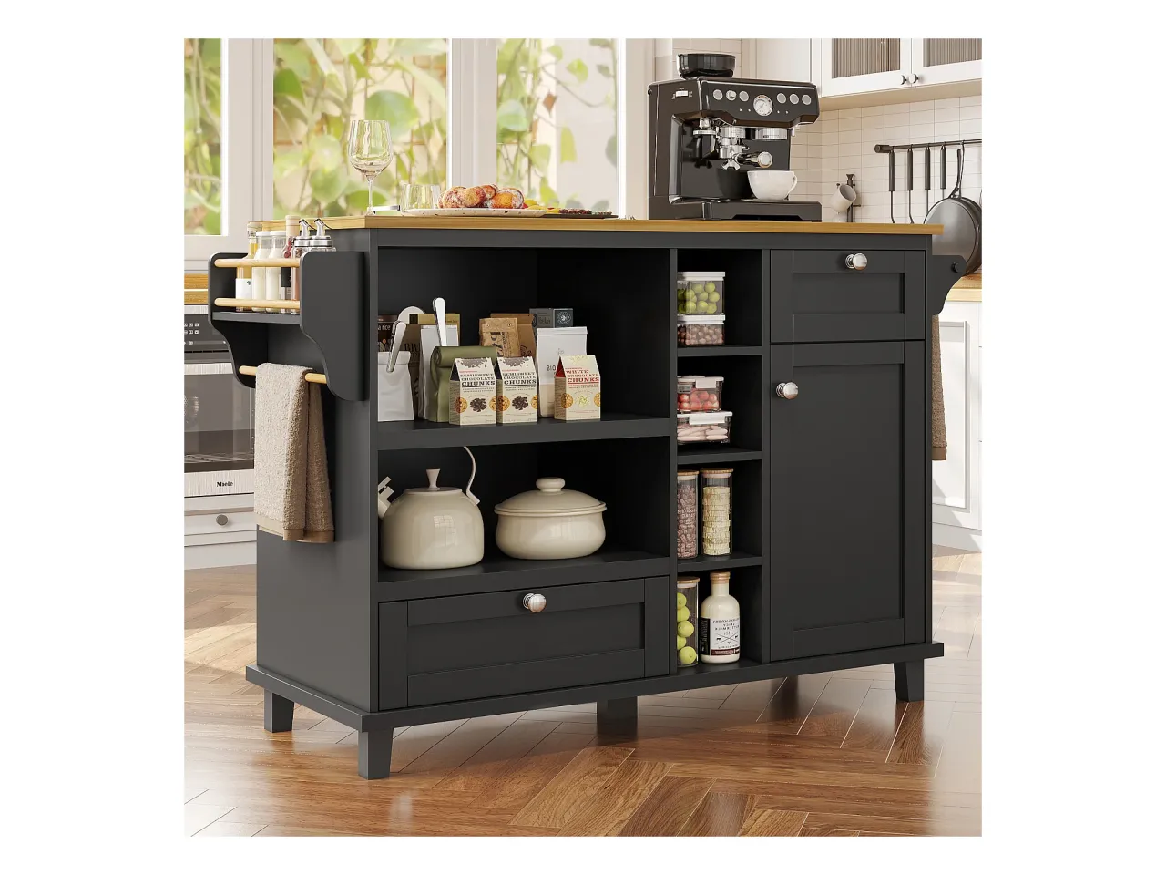 Wyspa kuchenna hybrydowa z otwartymi półkami i zamkniętymi szafkami