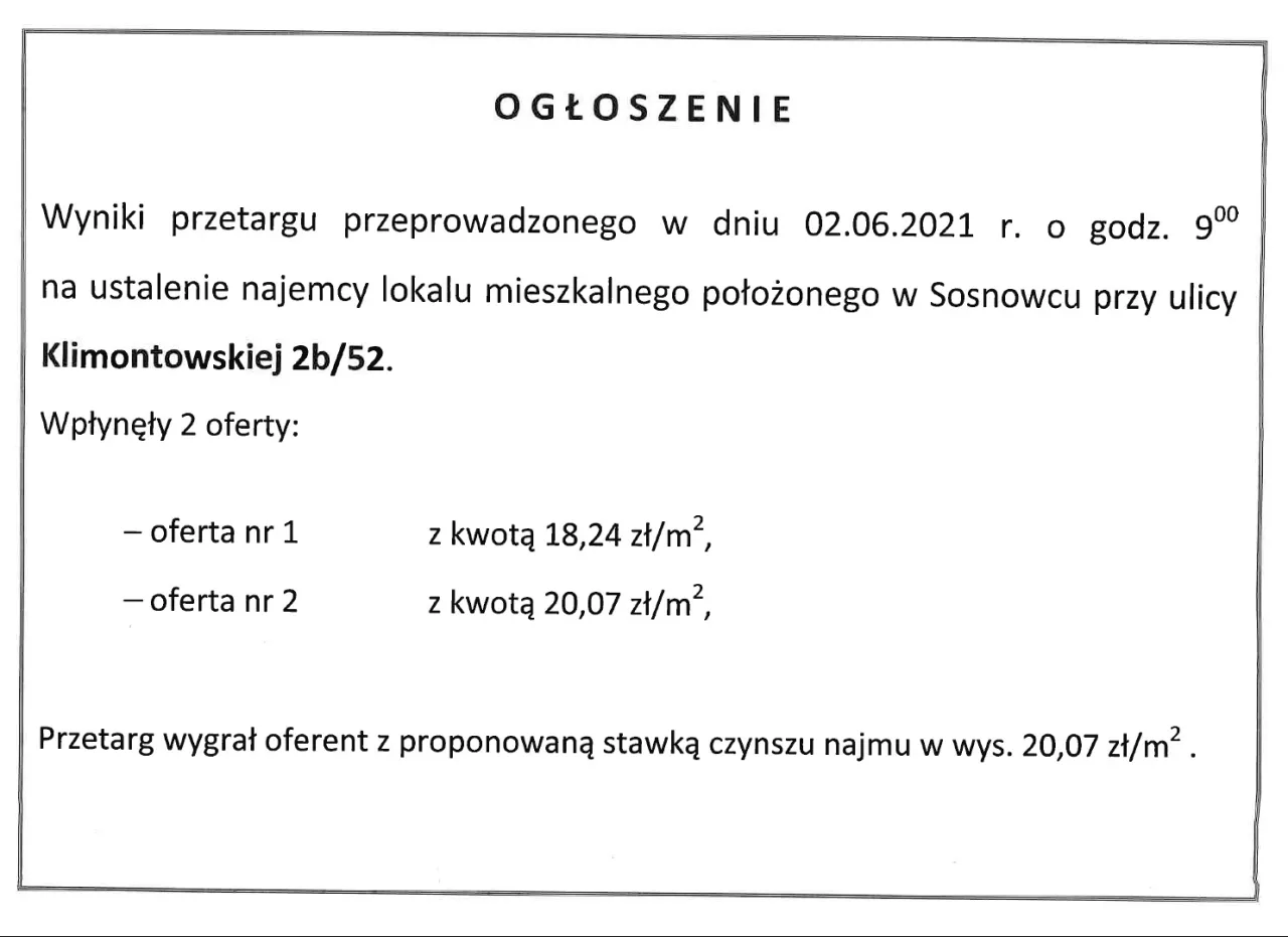 ogłoszenie o przetargu na wynajem mieszkania spółdzielnia