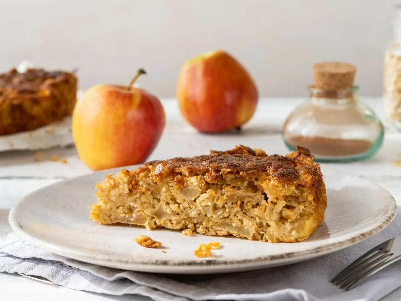 Kawałek pysznego, domowego ciasta jabłkowego. Idealne rozwiązanie, co zrobić z jabłek fit, gdy masz ich za dużo.