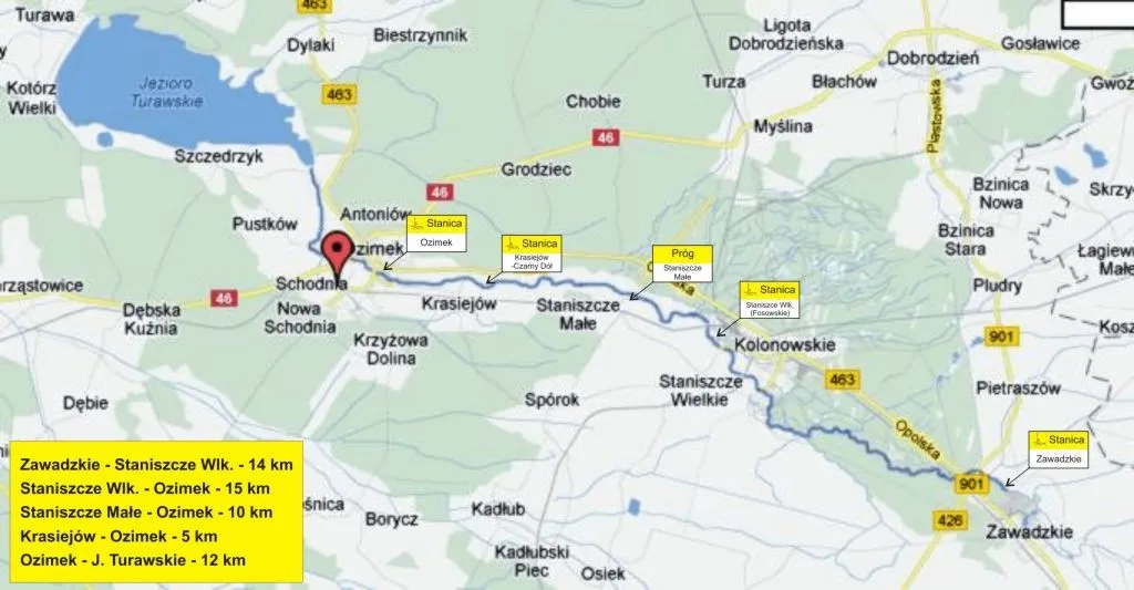 Mapa tras spływów kajakowych Mała Panew Zawadzkie