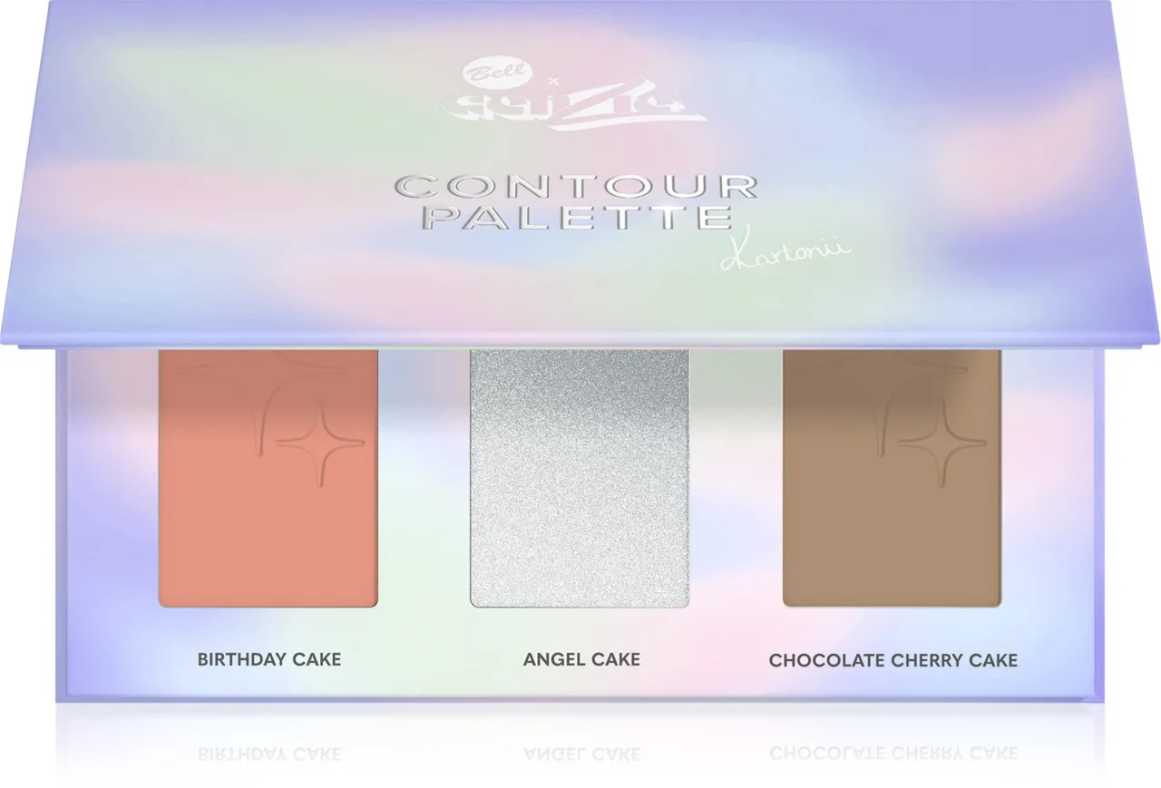 Paleta do konturowania Bell x Genzie z odcieniami Birthday Cake, Angel Cake i Chocolate Cherry Cake. Sprawdź, ile kosztują kosmetyki Genzie!