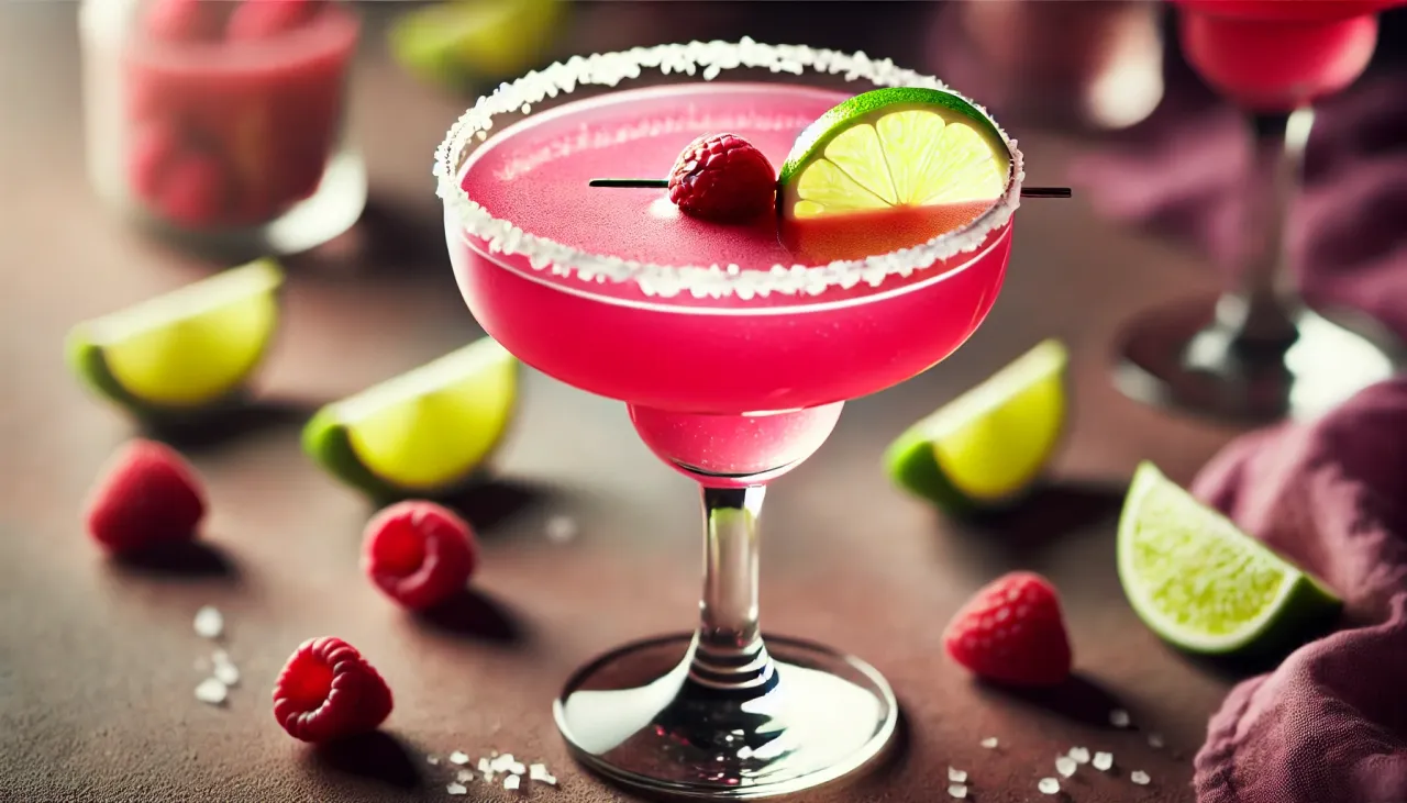 Idealny Spicy Margarita przepis: różowy drink z maliną i limonką, ozdobiony solą. Idealny na letnie wieczory.