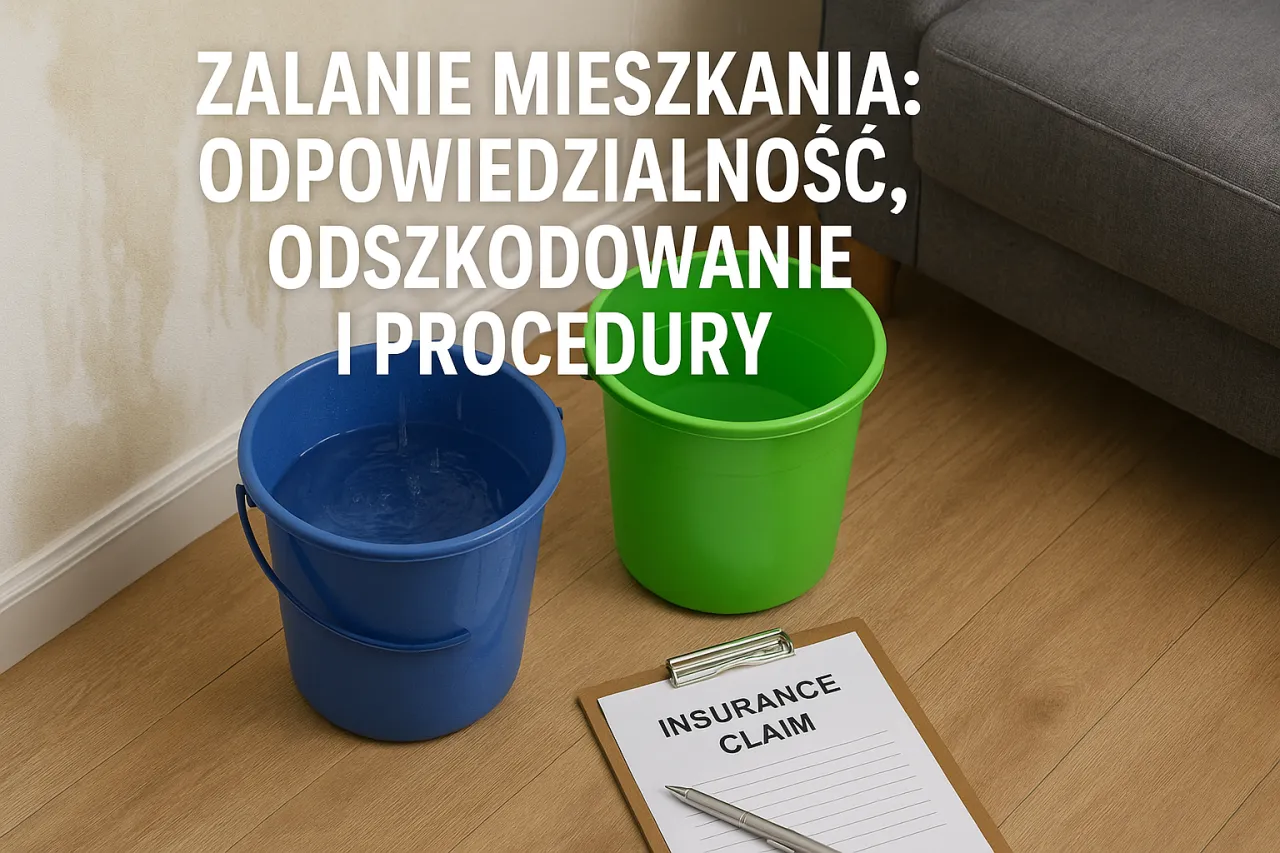 Zalane mieszkanie: niebieskie i zielone wiadra zbierają wodę. Na podłodze leży formularz ubezpieczeniowy 