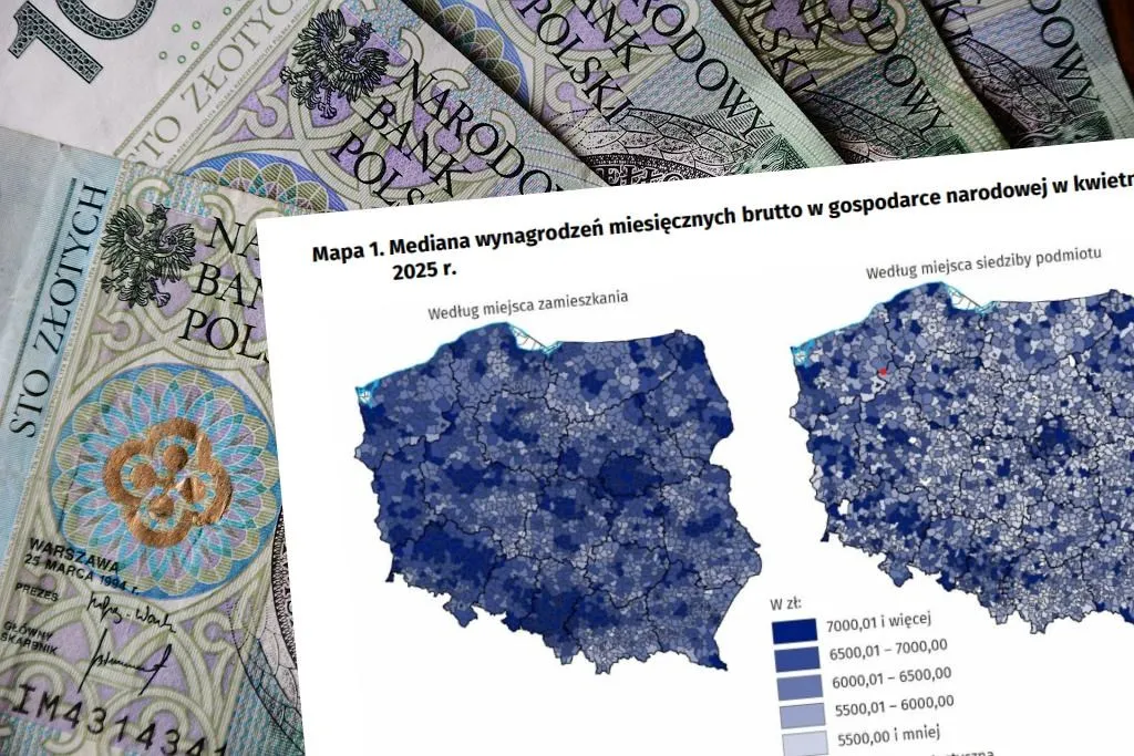 Mapa Polski z zaznaczonymi regionami o różnym poziomie zarobków dentystów
