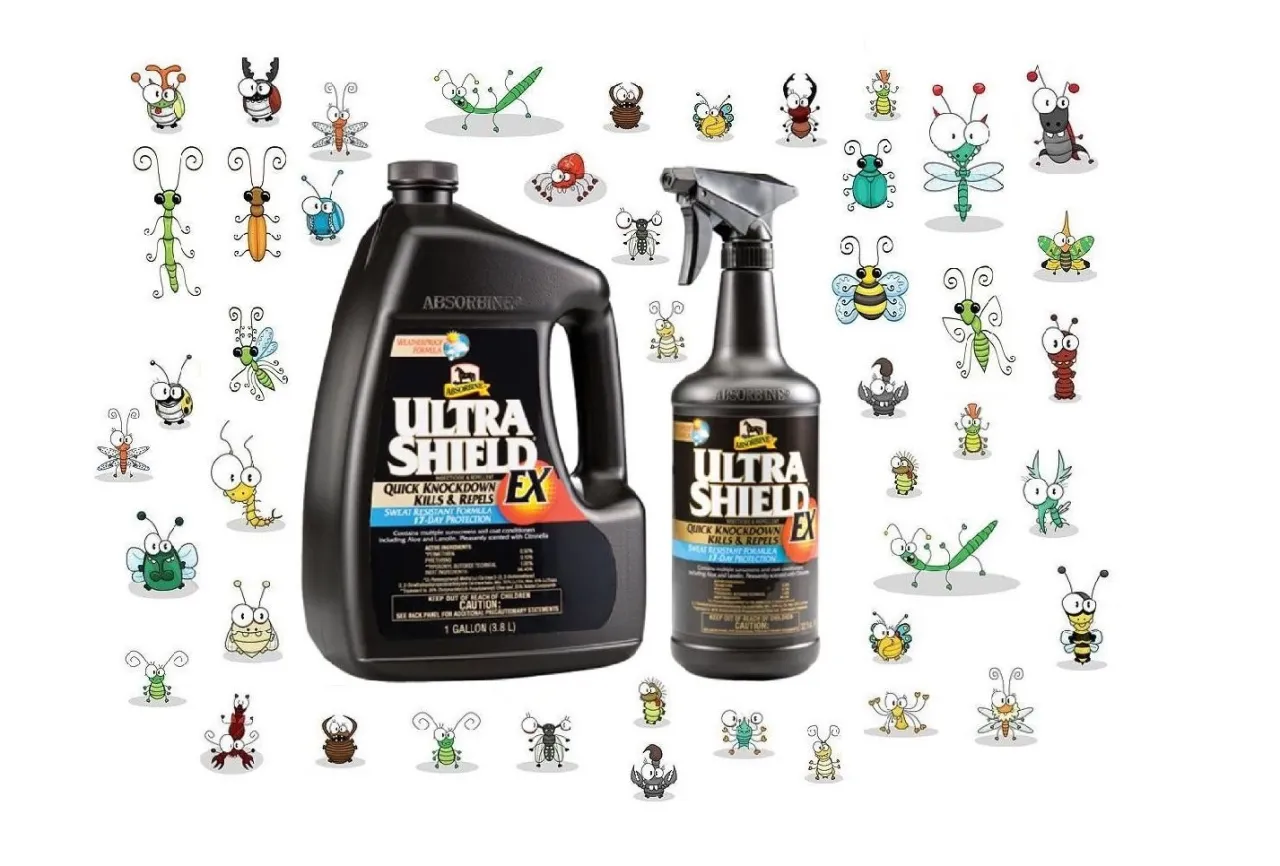 Absorbine Ultra Shield EX dla koni, chroni przed owadami. Zestaw zawiera dużą butelkę i spray.