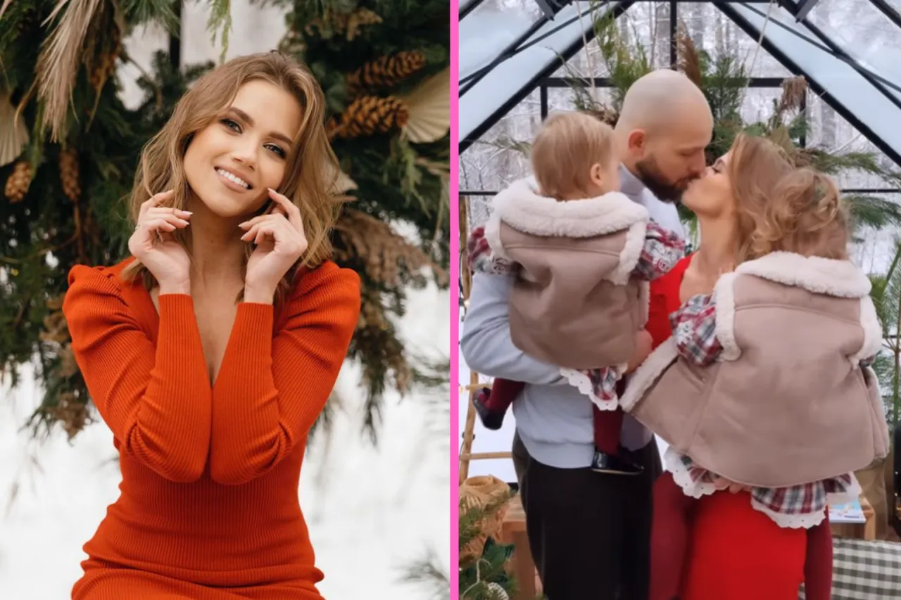 Agnieszka Kaczorowska z dziećmi w zimowej scenerii. Rodzina w szopce, czułe pocałunki i uśmiechy.