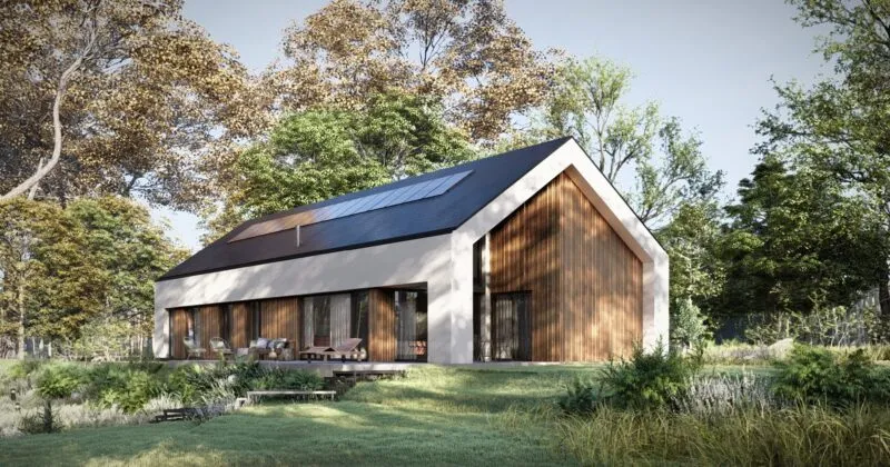 dom nowoczesna stodoła grafitowy dach biała elewacja drewno