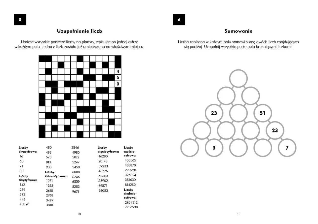 Dwie łamigłówki: uzupełnianie krzyżówki liczbami i zagadka logiczna dla dorosłych z sumowaniem w piramidzie.