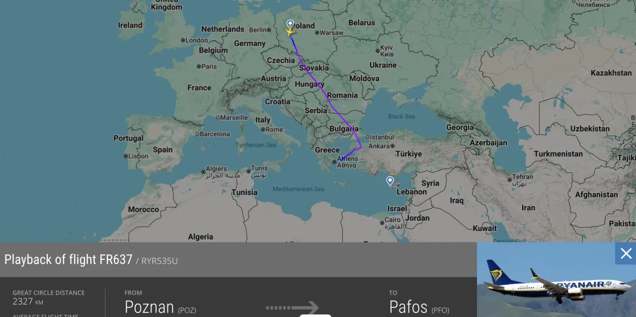 Trasa lotu z Poznania do Pafos. Sprawdź, ile trwa lot na Cypr, pokonując 2327 km.