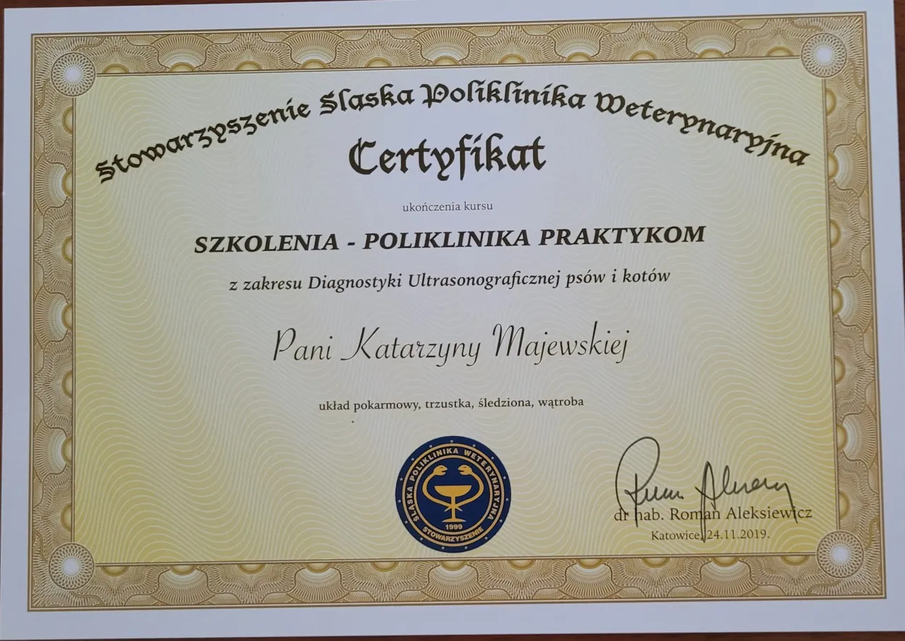 dyplom ukończenia specjalizacji weterynaryjnej